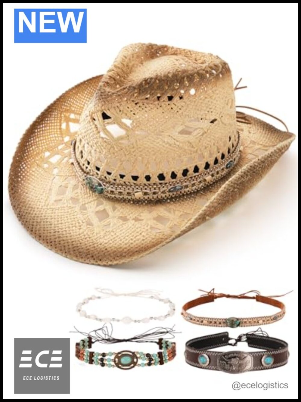 FURTALK Paper Straw Cowboy Hat 4 Interchangeable Bands Wide Brim Sun Hat